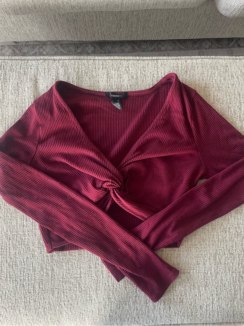 Forever 21 Wine Ribbed Twist-Front Long-Sleeve Crop Top